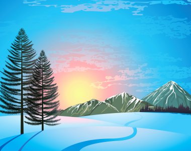 Sunset winter landscape with larchs, forest and mountains stock vector