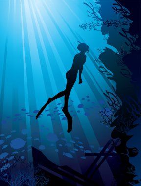 Silhouette of freediver in sea clipart