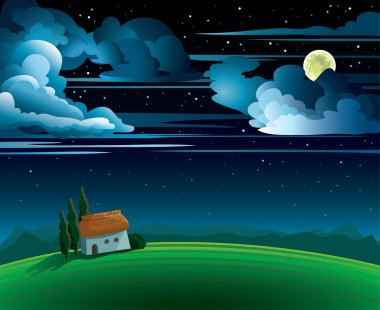 Summer landscape with fool moon and house clipart