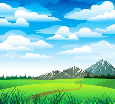 Green landscape with meadow and mountains clipart