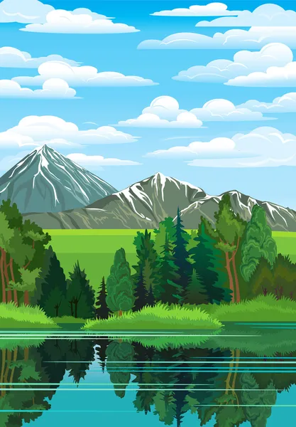 Paysage avec forêt, rivière et montagnes — Image vectorielle