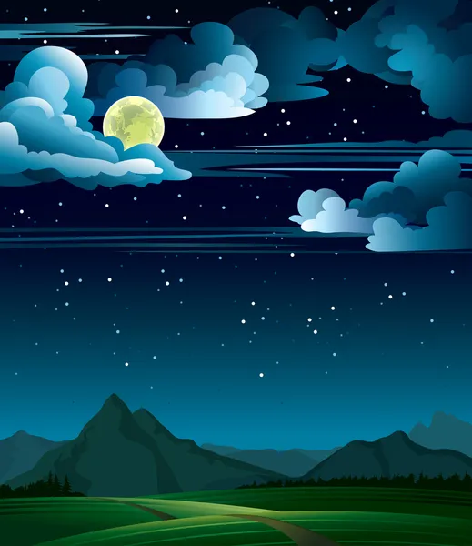 Noite de verão com lua cheia e montanhas — Vetor de Stock