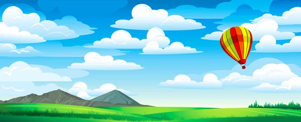 在一个多云的天空和绿色草地上的气球 — 图库矢量图片