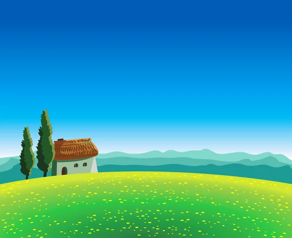 Paysage avec prairie florissante, maison et montagnes — Image vectorielle