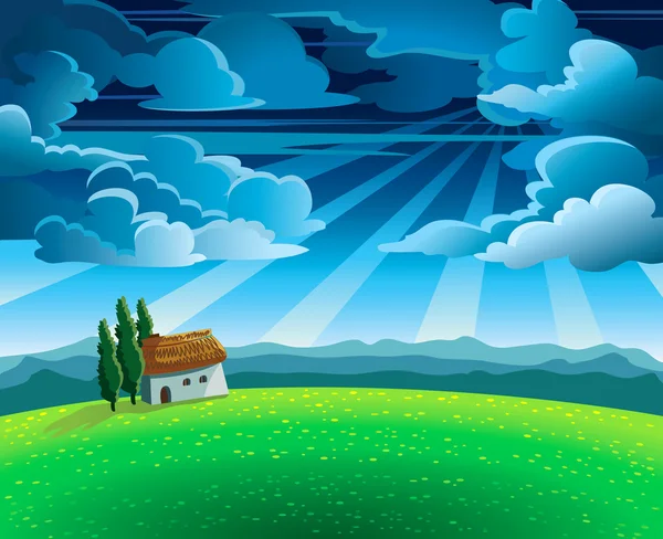 风景与繁荣草甸、 房子和多云的天空 — 图库矢量图片