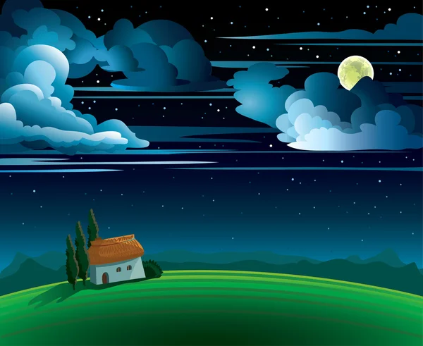 Літній пейзаж з дурень місяць і будинок — стоковий вектор