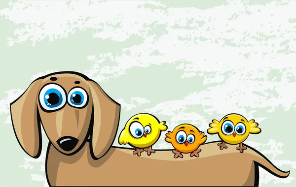 Divertido perro salchicha de dibujos animados y tres pájaros — Vector de stock