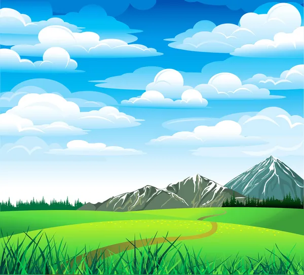 Зелений пейзаж з луком і горами — стоковий вектор