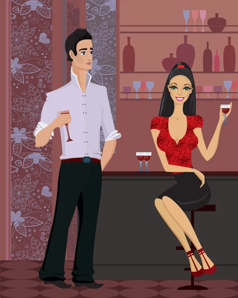 Donna e uomo al bar — Vettoriale Stock