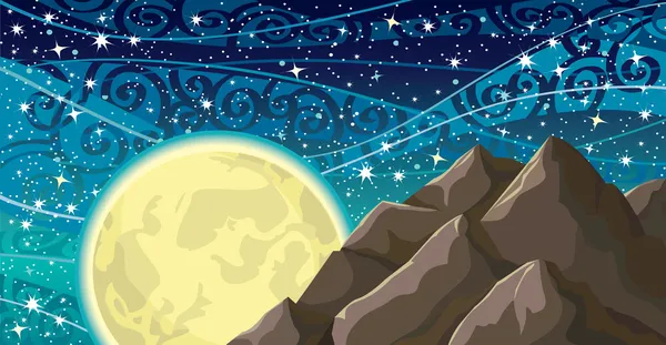 Нічне небо з місяцем і горами — стоковий вектор