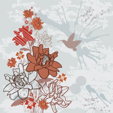 Flowers and flying hummingbird clipart