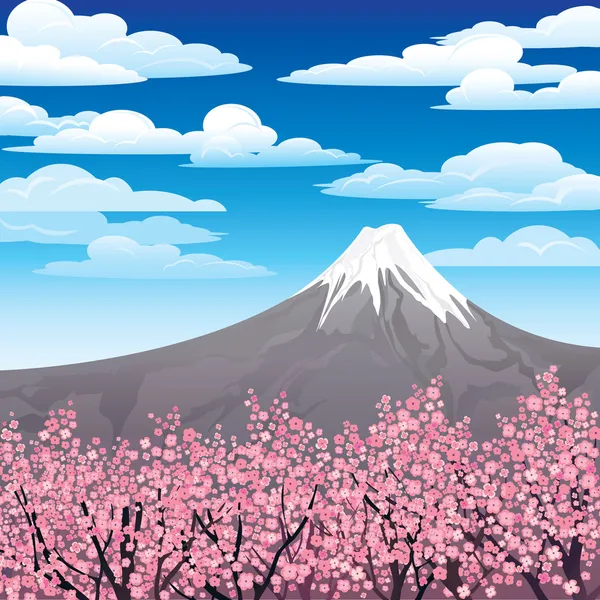 Alberi rosa giapponesi e vulcano — Vettoriale Stock