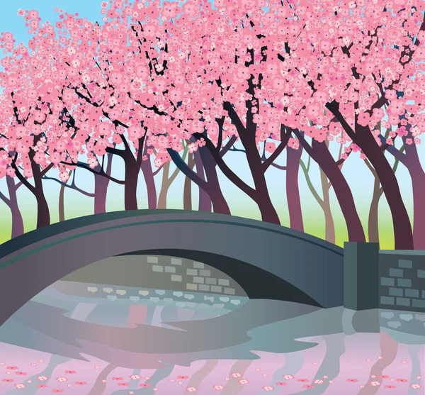 粉红色的树木和河 — 图库矢量图片