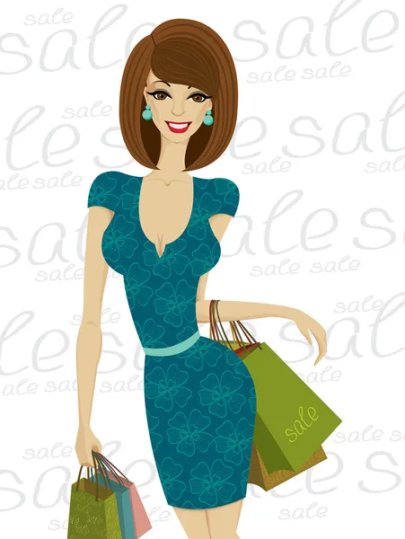 Sexy mulher feliz moda com sacos de compras — Vetor de Stock