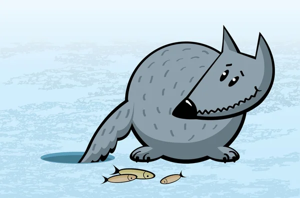 Tecknade roliga grå varg på isfiske — Stock vektor