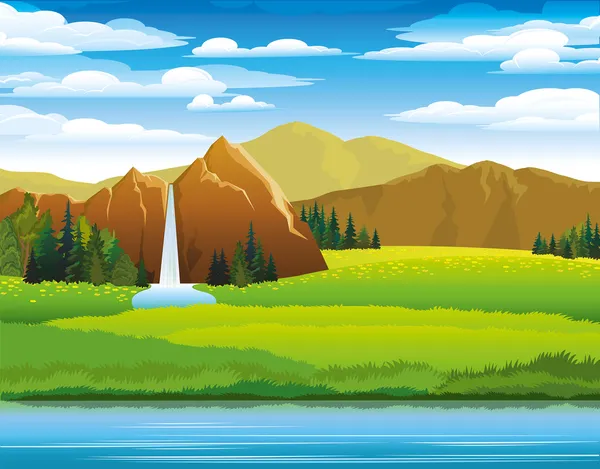 Paisaje verde con prado, montañas y woterfall Ilustración de stock