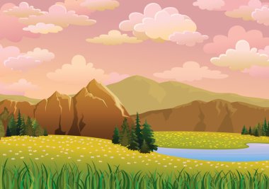 Green landscape with meadow, lake and mountains clipart