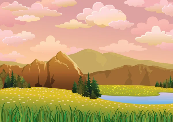 Zelená krajina s louka, jezero a hory — Stockový vektor