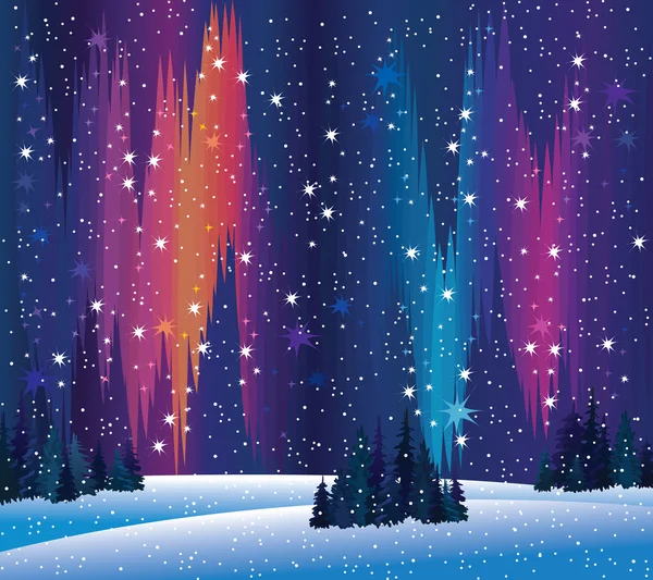 Aurora boreale e natura invernale — Vettoriale Stock