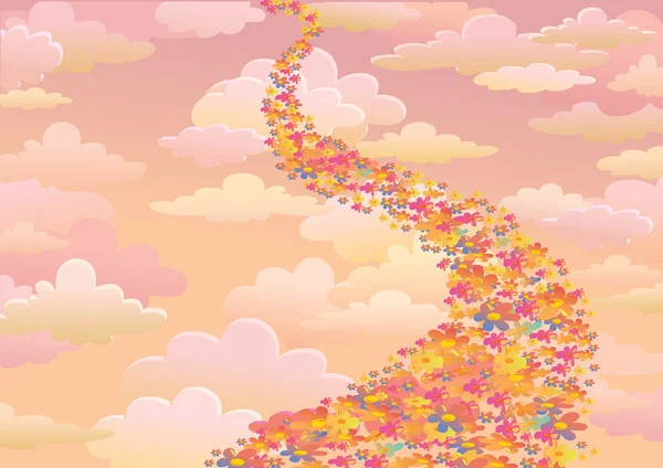 Цветочная дорога на розовом облачном небе — стоковый вектор
