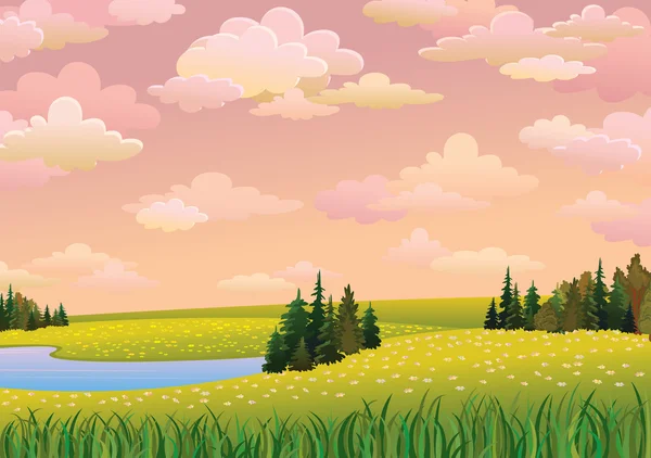Groen landschap met weide, lake en bewolkte hemel — Stockvector