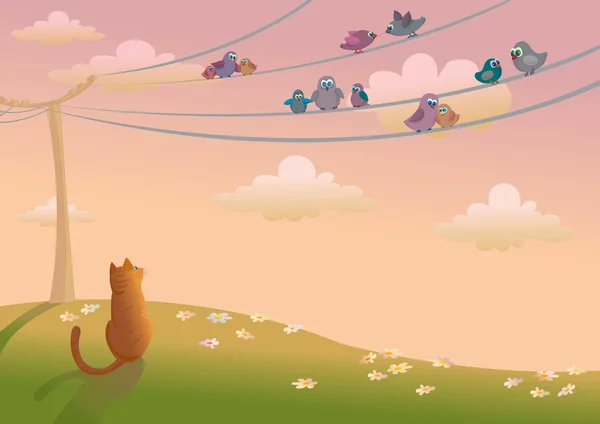 Kat en vogels — Stockvector
