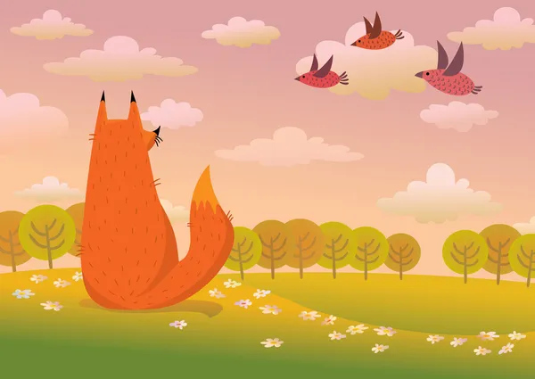 Volpe rossa e uccelli su una natura di tramonto — Vettoriale Stock