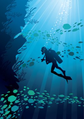 Silhouettes of fish and diver clipart