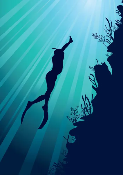 Silhouette de plongeur en apnée et récif marin — Image vectorielle