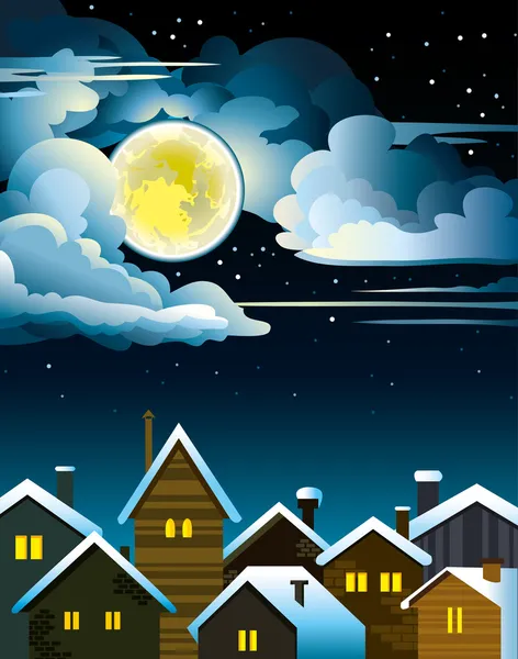 Nacht Häuser und Mond — Stockvektor