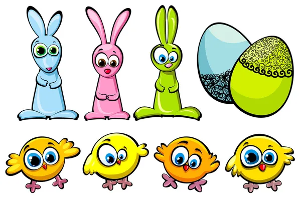 Easter set - chickens, rabbits and eggs — Stock Vector