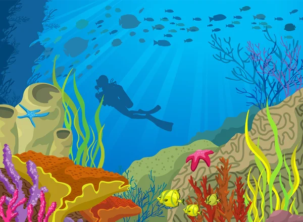 Κινούμενα σχέδια χρωματιστά κοραλλιογενή ύφαλο και δύτης — Διανυσματικό Αρχείο