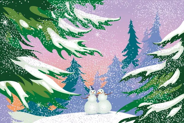 Biglietto di Natale, pupazzi di neve, foresta — Vettoriale Stock