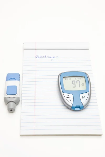 Diabetisches Logbuch, Glukometer und Lanzette — Stockfoto
