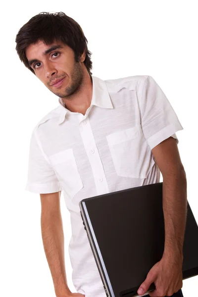Homem segurando um laptop — Fotografia de Stock