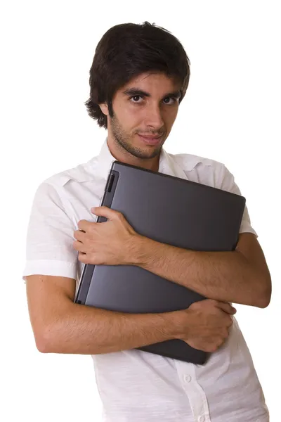 Чоловік тримає ноутбук — стокове фото