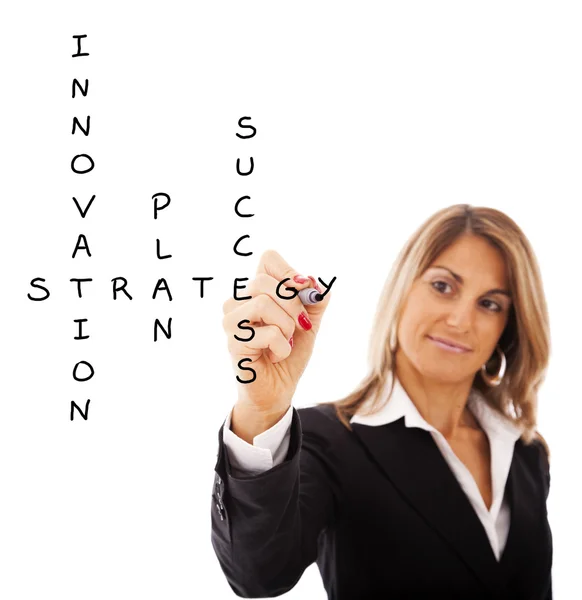 Бізнес-леді розв'язує план стратегії — стокове фото