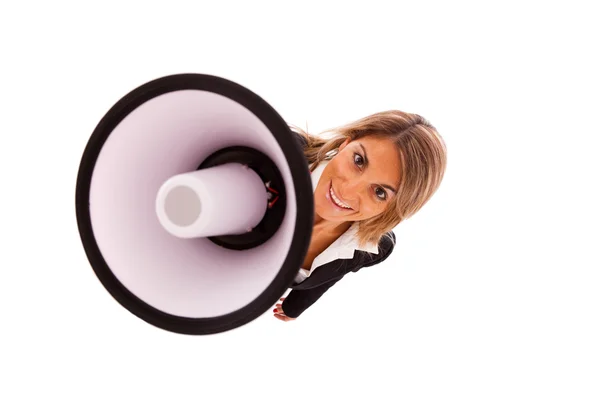 Mulher de negócios no megafone — Fotografia de Stock