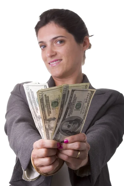 Parasını gösteren iş kadını — Stok fotoğraf