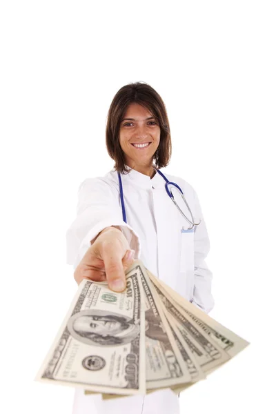 Φιλικό γυναίκα γιατρό με χρήματα — Φωτογραφία Αρχείου