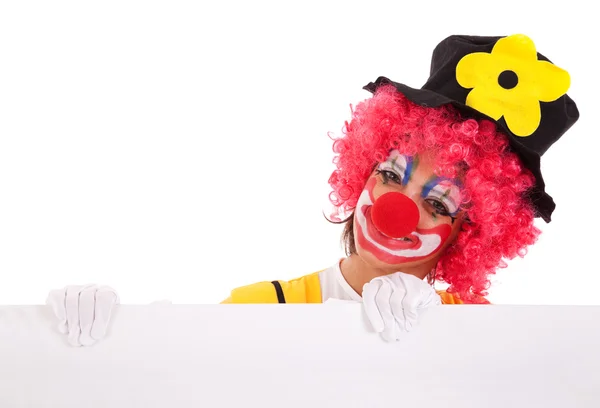 Zabawny clown trzymając transparent — Zdjęcie stockowe
