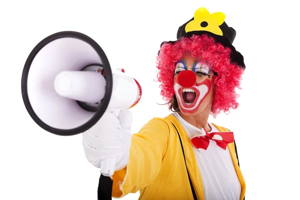 Legrační klaun s megafon — Stock fotografie