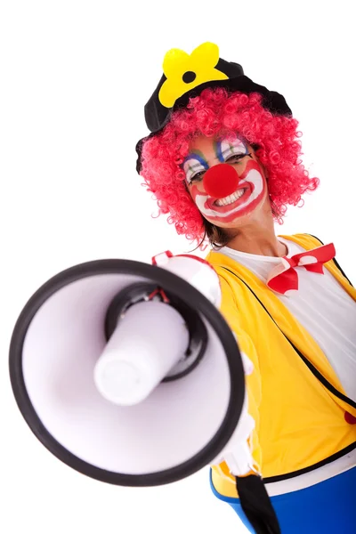 Zabawny clown z megafon — Zdjęcie stockowe