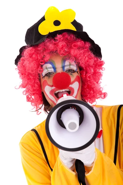 Legrační klaun s megafon — Stock fotografie