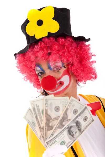 Buffo clown in possesso di denaro — Foto Stock
