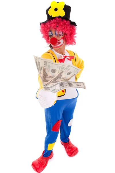 Buffo clown in possesso di denaro — Foto Stock