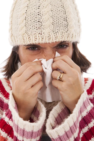 Mujer estornudando en un pañuelo —  Fotos de Stock