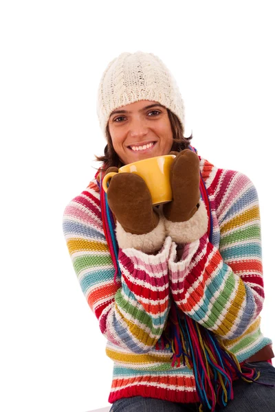Boldog asszony egy csésze tartó — Stock Fotó