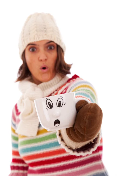 Surprised woman like her hot drink cup — Stock Photo, Image