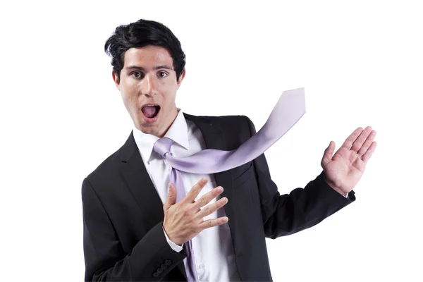 Uomo d'affari che mostra il copyspace con la cravatta — Foto Stock